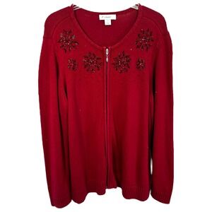 CJ Banks Plus Size 1X Sweater Red Beaded Snowflakes Zip Up Cardigan Holiday 1424